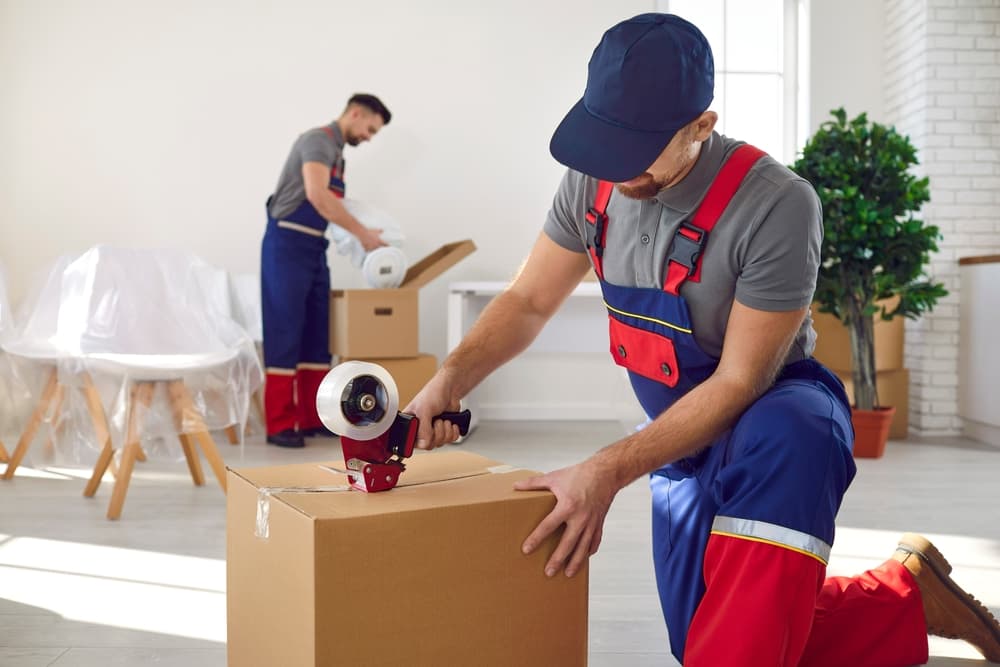 Professional mover sealing boxes for a door-to-door moving service